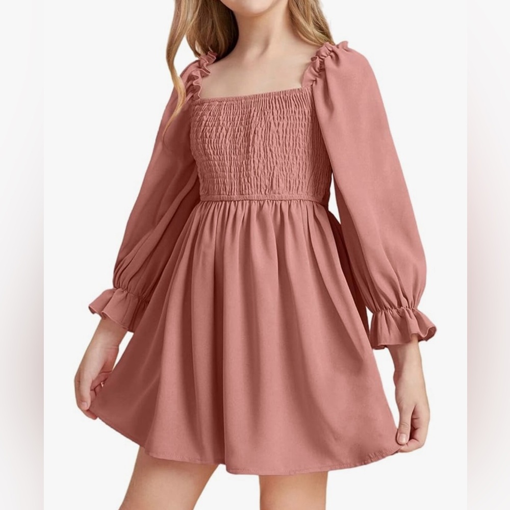 LAOCERENCE Short Dress, Chiffon Tulle Ruffle, Square Neck Lantern Sleeve Smocked